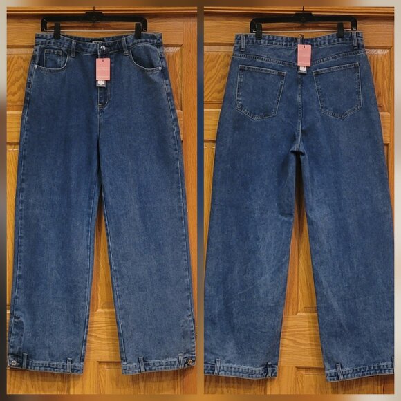 PrettyLittleThing Mid Blue Wash Waistband Detail Hem Baggy High Waist Jean NEW - Picture 3 of 15